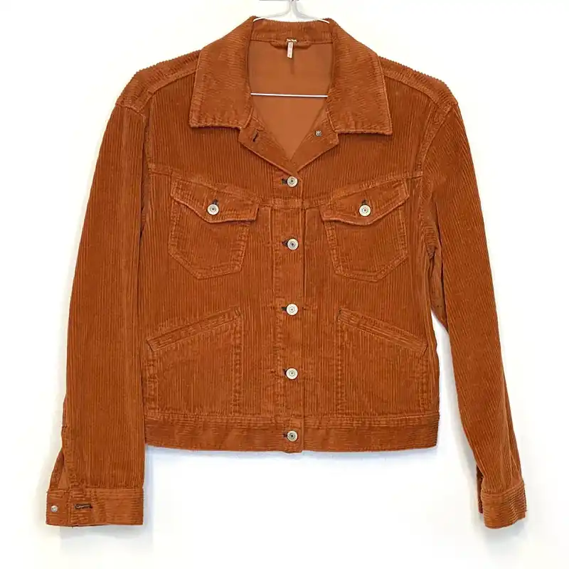 Free People Women's Orange Corduroy Jacket - Size S - Long Sleeve Trucker Style