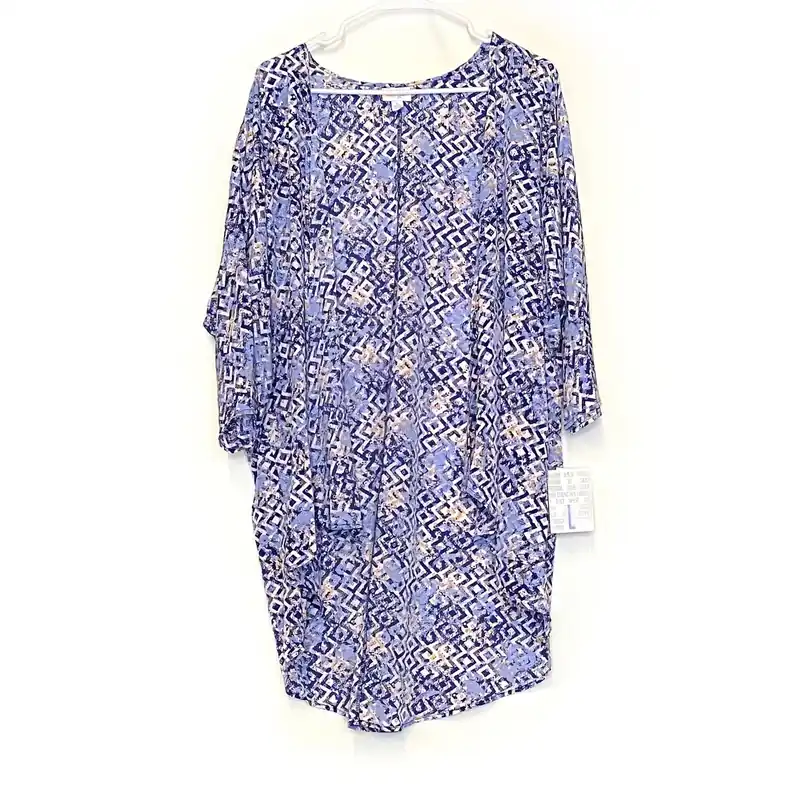 LuLaRoe | Blue/White Lindsay Geometric Cardigan Sweater | Size: L | 3/4 Sleeves | NWT