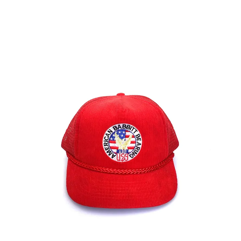 Vintage “American Babbitt Bearing” Red Corduroy Snapback Hat Corded OSFA - Designer Award Headwear