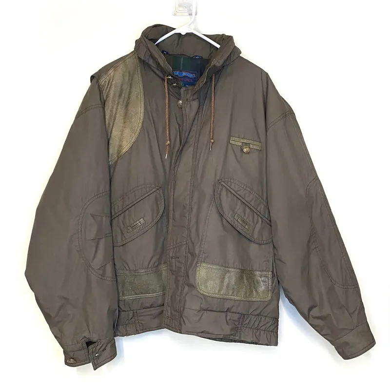 Vintage Members Only Club House Mens 44 Olive Green Canvas Hunting Jacket Leather Shoulder Patch*