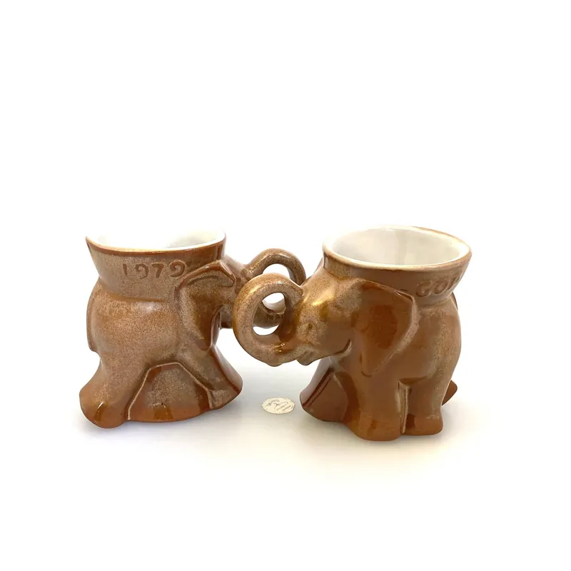 Vintage Frankoma 1979 Republican GOP Elephant Mugs Coffee Cups, Brown Drip Glaze Set of 2 NOS