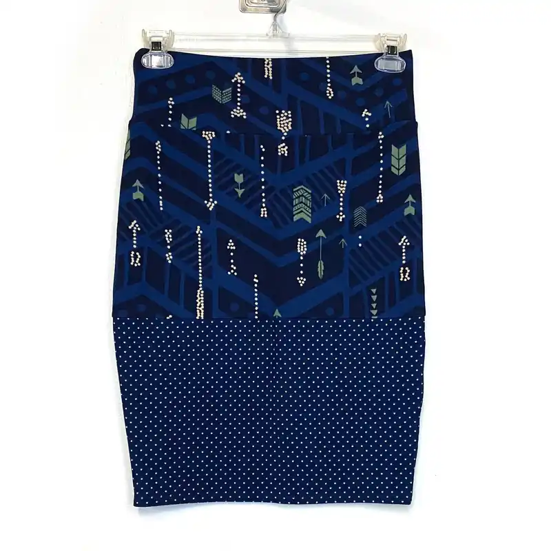 LuLaRoe Womens S Cassie Skirt ‘Denim Blue’ Green/Cream/Blue Arrows NWT