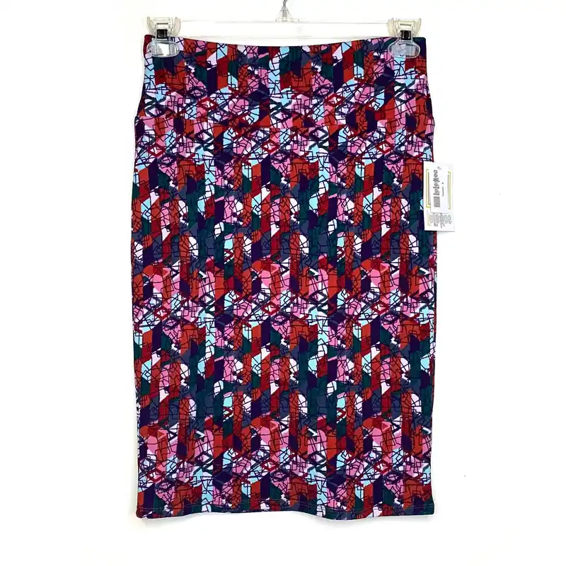 LuLaRoe Cassie Pencil Skirt | S (6-8) | Purple/Blue/Red | Geometric | NWT