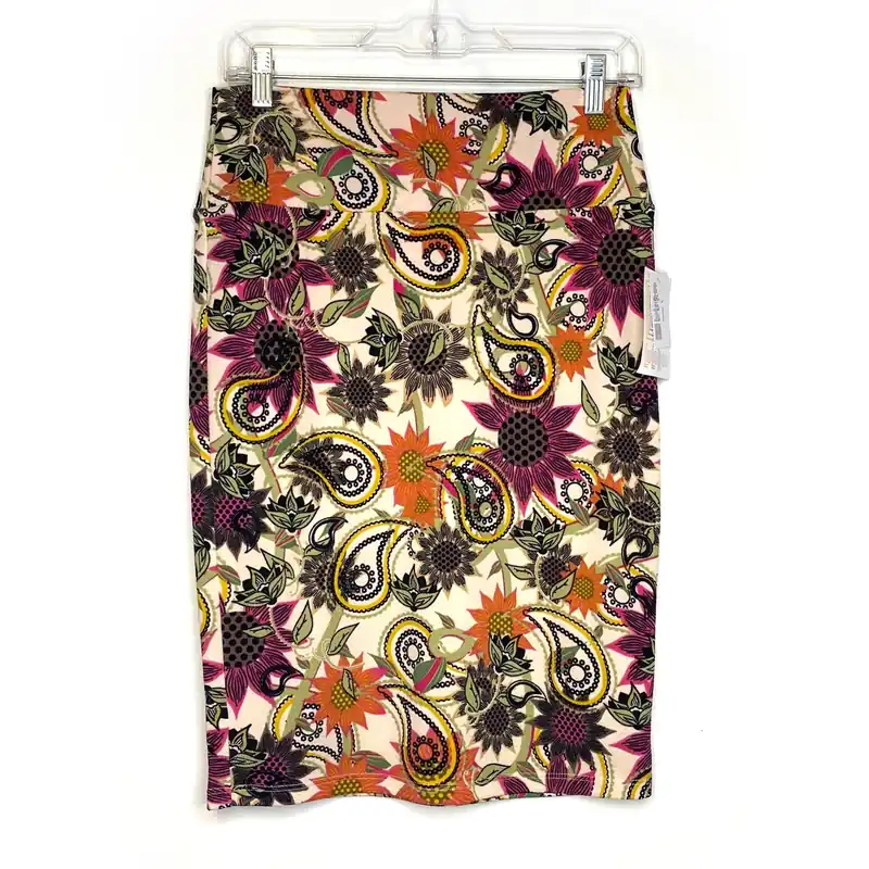 LuLaRoe Womens S Buttermilk Pink/Green/Yellow Cassie Floral/Paisley Skirt NWT