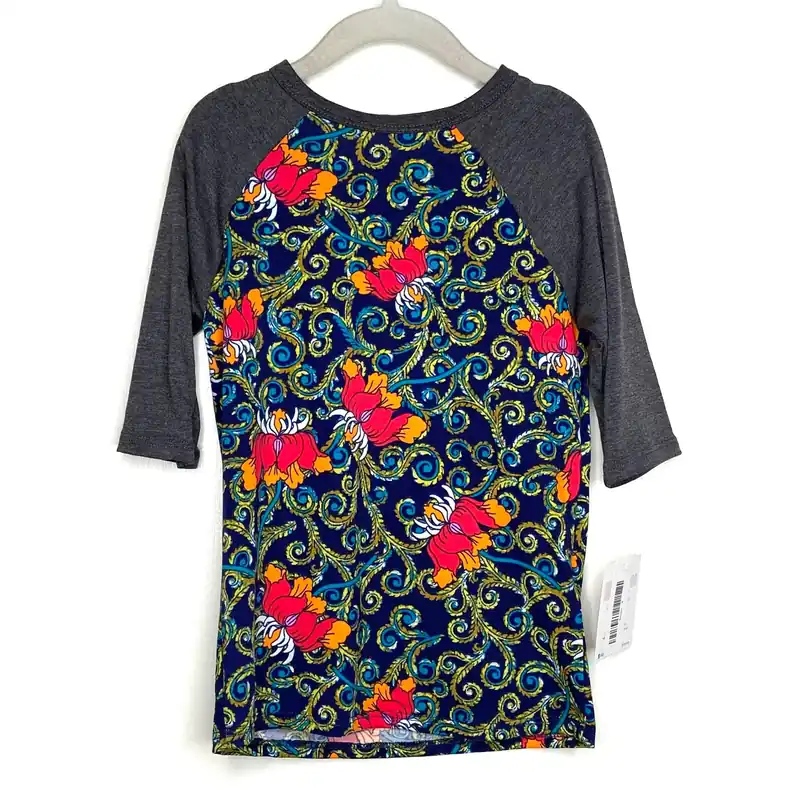 LuLaRoe Kids Unisex 4 Gray/Blue/Multicolor Sloan Floral Raglan T-Shirt 3/4 Sleeves NWT