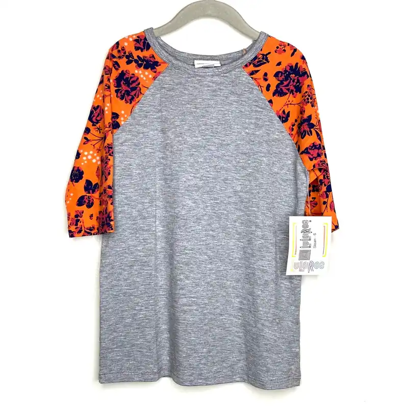LuLaRoe Kids Unisex 6 Orange/Blue/Gray Sloan Heather/Floral Raglan T-Shirt 3/4 Sleeves NWT