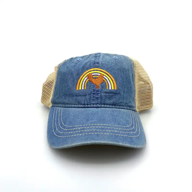 Womens Blue Denim Rooster & Rainbow Embroidered SnapBack Hat OSFM - Infinity Hat Co