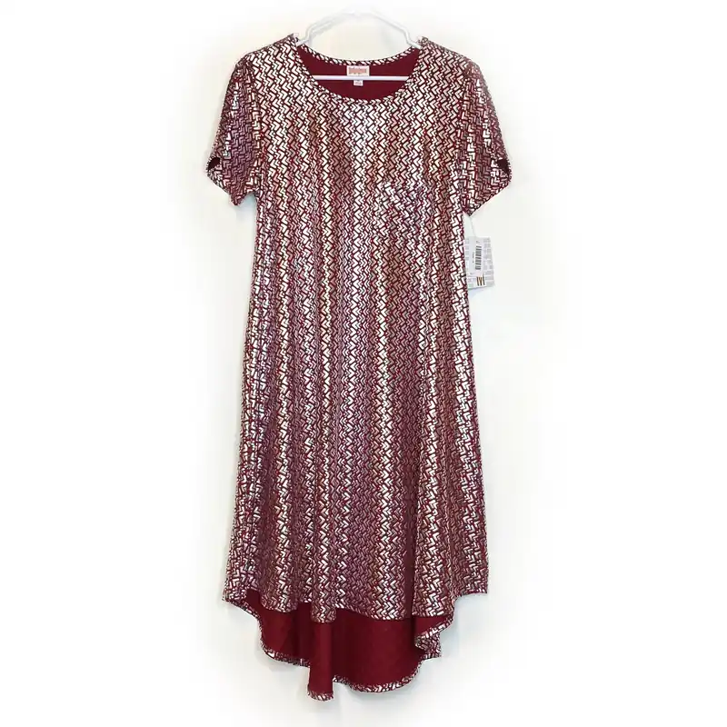 LuLaRoe Womens M ELEGANT Shiny Silver/Red Carly Chevron Swing S/s NWT