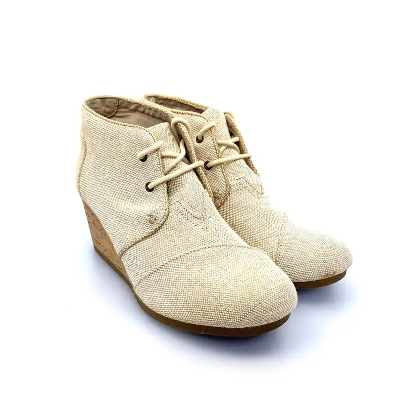 Toms Womens Desert Wedge Ankle Bootie Silver-Beige Canvas Cork Lace-Up