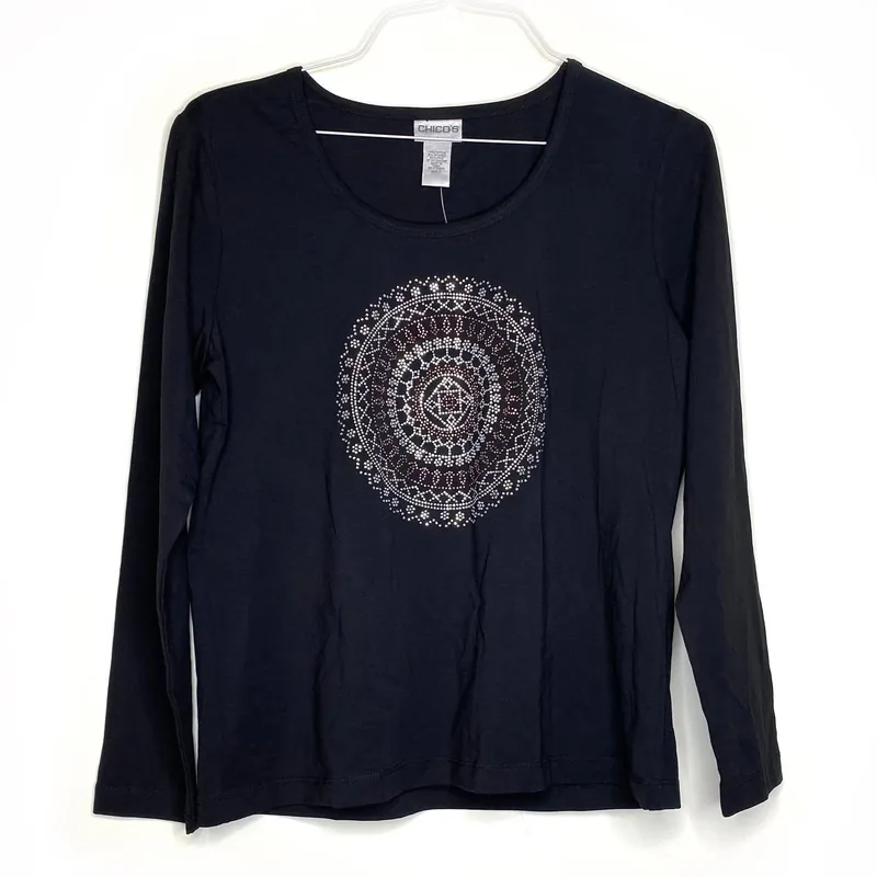 Chico's Women's Size 2 Black Eclipse Shine Glitter Long Sleeve Tee - NWT