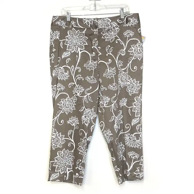 Talbots Petites Womens Size 16P Brown Floral Stretch Cropped Capri Pants NWT