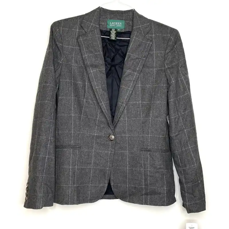 Ralph Lauren Womens Size 10 Wool Blazer Jacket Gray Box Check NWT