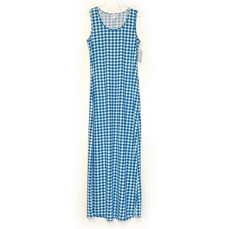 LuLaRoe Womens Size L White/Teal Blue Gingham Dani Maxi Dress Sleeveless NWT