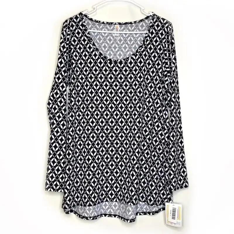 LuLaRoe Womens L Black/White Geometric Diamonds Dots T-Shirt L/s NWT