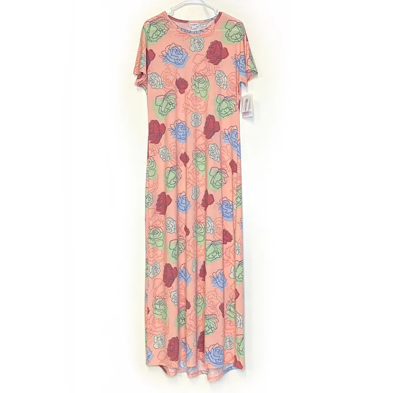 LuLaRoe Womens Maria Maxi Dress | L (14-16) | Peach/Pink Floral Print | Short Sleeve | NWT