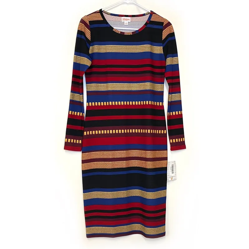 LuLaRoe Womens Size S Debbie Black/Red/Blue Roman Stripes Dress