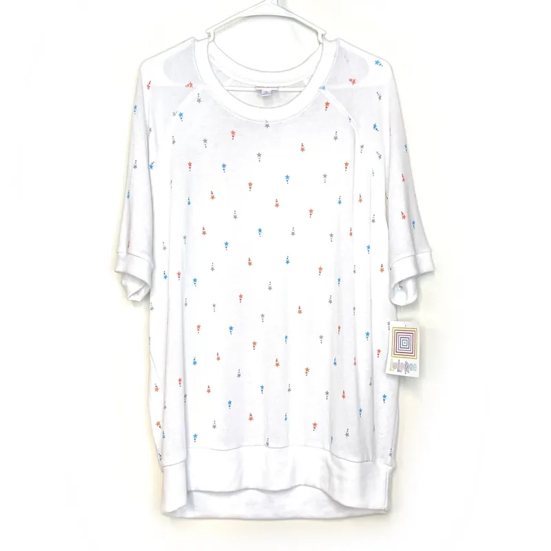 LuLaRoe Womens XL ‘Jane’ White S/s Top Stars - Ultra-Soft Terry NWT