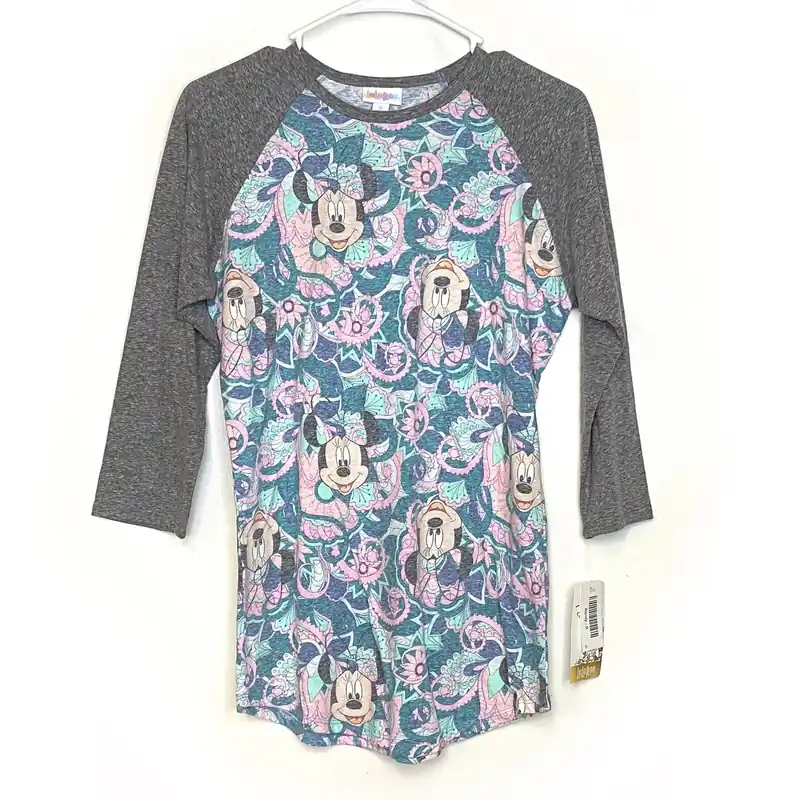 LuLaRoe Unisex S Heather Gray/Blue Randy Minnie Mouse Floral Raglan T-Shirt ¾ Sleeves NWT