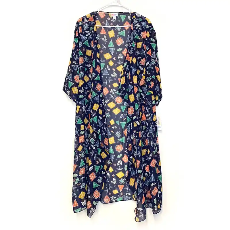 LuLaRoe Womens Size L Blue Shirley Floral/Geometric Kimono Cover Up L/s NWT