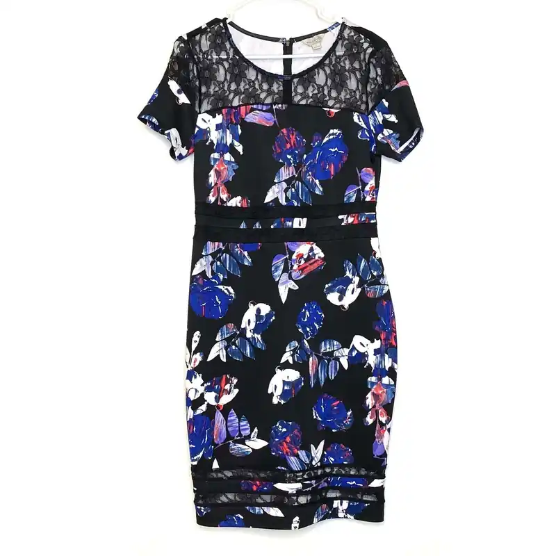 Belle + Sky Womens Size L White/Black/Blue Floral Bodycon Dress Knee Length - Ann Taylor