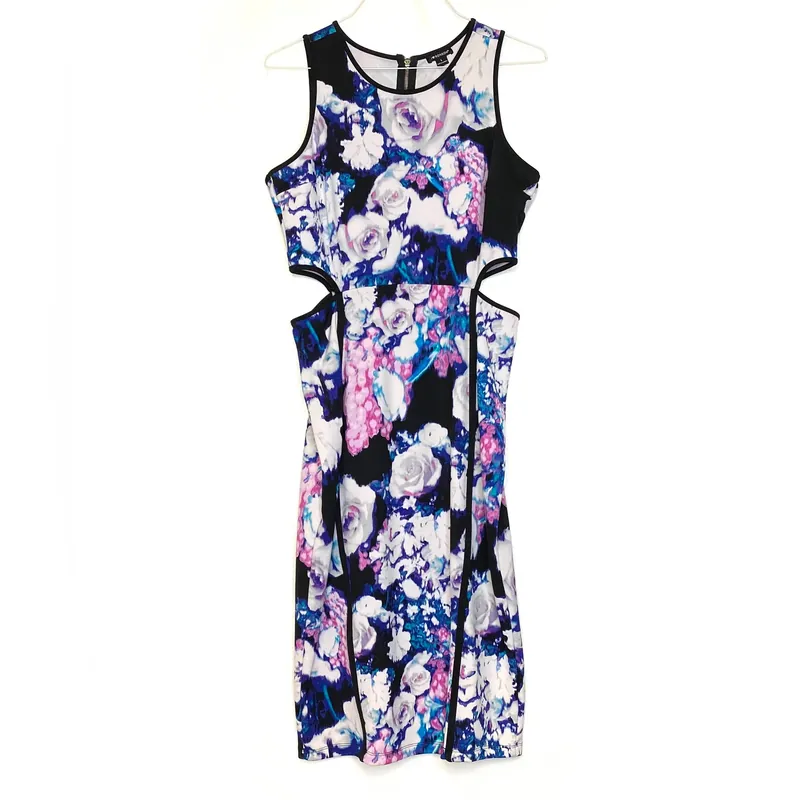 I Heart Ronson Womens Size L White/Black/Blue Floral Bodycon Cutout Dress Knee Length - Ann Taylor