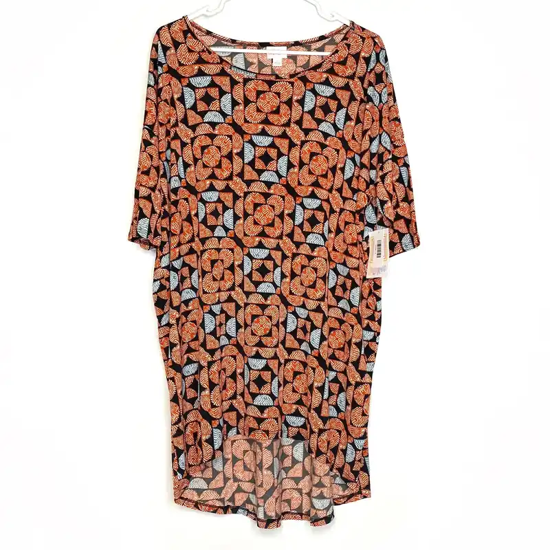 LuLaRoe Womens Size L Orange/Blue/Black Geometric/Circles IRMA S/s Top NWT