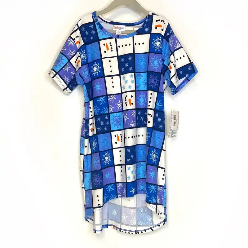 LuLaRoe Kids Unisex 12 Blue/White Snowman/Snowflakes ‘Gracie’ S/s Top NWT