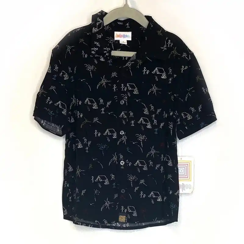 LuLaRoe Boys 4 Black ‘Thor’ Camping Shirt S/s Button-Up NWT