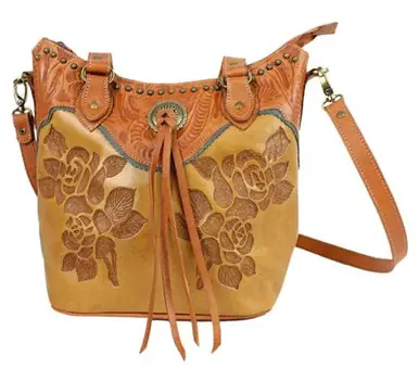 American West® Golden Tan Leather Texas Rose Large Zip Top Bucket Tote - Accessories