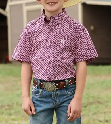 Cinch® Boys' S/S Plum/Peach Diamond Print Button Shirt - Kids
