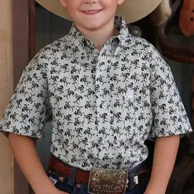 Cinch® Boys' S/S Grey Bronc Print Button Shirt - Kids