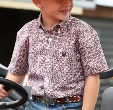 Cinch® Boys' S/S Red/White/Grey Geo Print Button Shirt - Kids