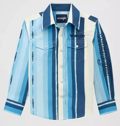 Wrangler® Boys' L/S Blue Clouds Brush Popper Snap Shirt - Kids