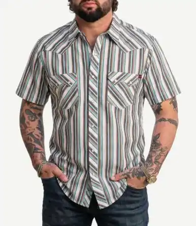 Rock & Roll Denim® x Koe Wetzel Men's S/S Turquoise/Multi Stripe Snap Shirt - Mens