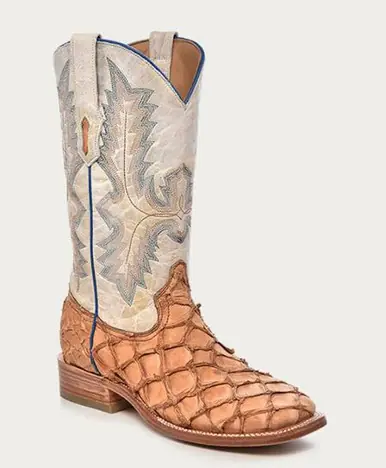 Corral® Men's Cognac Pirarucu Square Toe Boots - Footwear