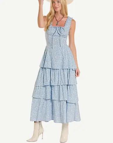 Rock & Roll Denim® Ladies' Light Blue Floral Ruffle Tiered Maxi Dress