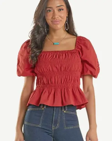 Rock & Roll Denim® Ladies' S/S Red Cutwork Poplin Blouse