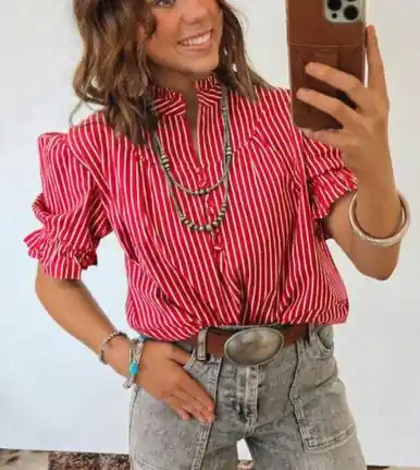 Dear-Lover® Ladies' S/S Red/White Striped Blouse