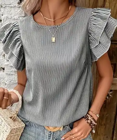 Dear-Lover® Ladies' Ruffle Sleeve Black/White Striped Blouse