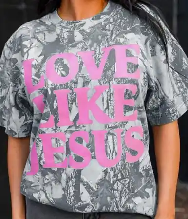 Dear-Lover® Ladies' S/S Woodland Camo Love Like Jesus T-Shirt