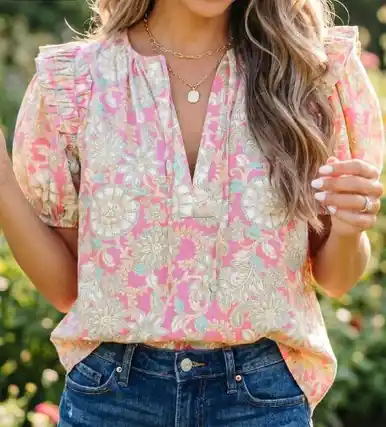 Dear-Lover® Ladies' S/S Pink Floral Tie-V-Neck Blouse