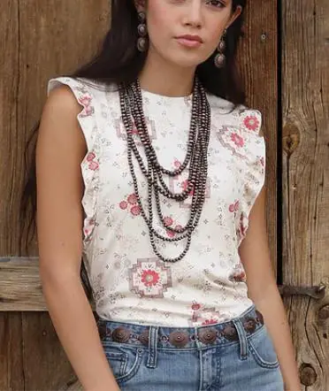 Cruel Denim® Ladies' Sleeveless/Ruffle Cream Print Tank - Brands