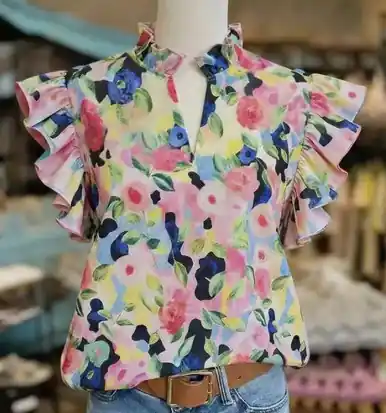 Hidden Brand® Ladies' Ruffle Sleeve Fancy Floral Print Blouse