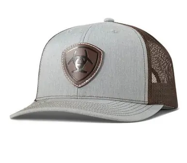 Ariat® Light Grey/Brown Faux Leather Shield Patch Cap - Hats