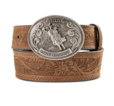 Ariat® Boys' Brown Floral Embossed Belt with Bull Rider Buckle - Accessories