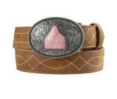 Angel Ranch® Girls' Brown/Pink Boot Stitch Belt with Ear Tag Buckle - Accessories