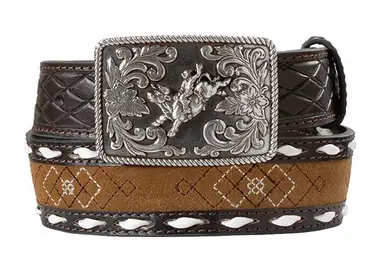 3D® Boys' Black/Brown Diamond Stitched Belt with Bull Rider Buckle - Accessories