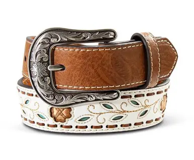 Ariat® Girls' Brown/White Filigree Flowers & Leaves Belt - Accessories