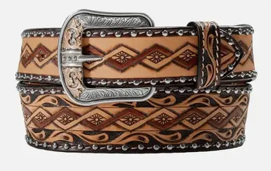 3D® Men's Brown Hand Tooled Sunburst/Nailhead Leather Belt - Accessories
