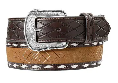 3D® Men's Dark Brown/Tan Roughout Diamond Stitched Tapered Belt - Accessories